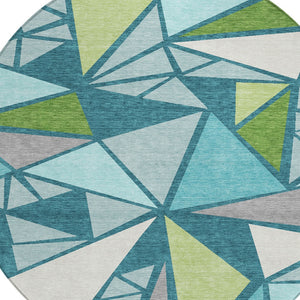 Homeroots 3' Stylish Geometric Artichoke Green And Aqua Washable Area Rug For Indoor And Outdoor Spaces 8' Round Polyester 600398