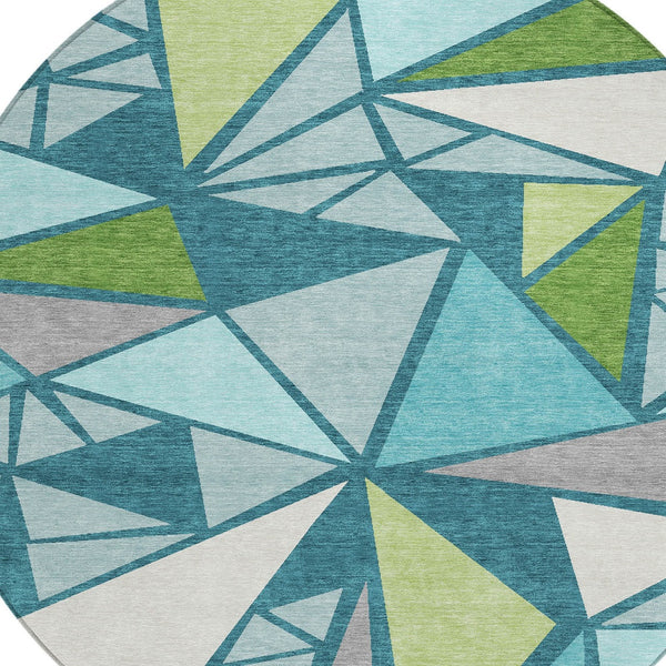 Homeroots 3' Stylish Geometric Artichoke Green And Aqua Washable Area Rug For Indoor And Outdoor Spaces 8' Round Polyester 600398
