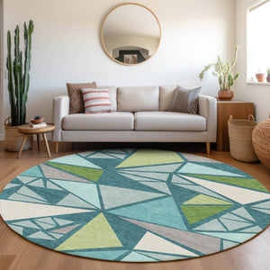 Homeroots 3' Stylish Geometric Artichoke Green And Aqua Washable Area Rug For Indoor And Outdoor Spaces 8' Round Polyester 600398