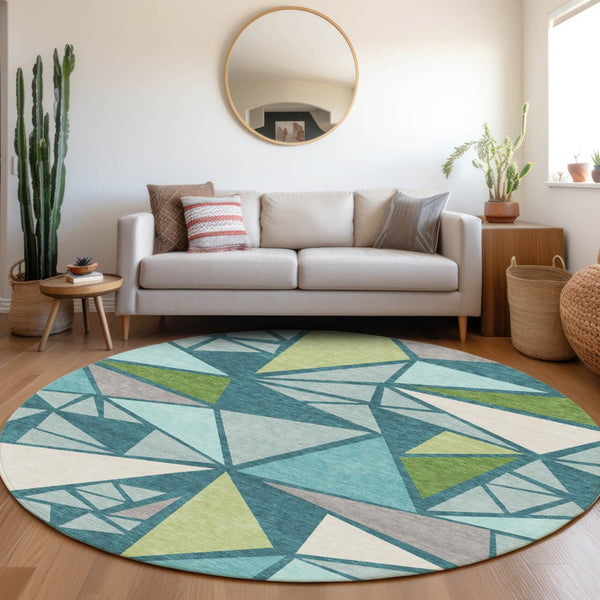 Homeroots 3' Stylish Geometric Artichoke Green And Aqua Washable Area Rug For Indoor And Outdoor Spaces 8' Round Polyester 600398