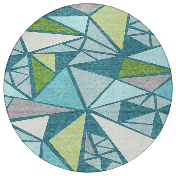 Homeroots 3' Stylish Geometric Artichoke Green And Aqua Washable Area Rug For Indoor And Outdoor Spaces 8' Round Polyester 600398