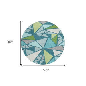 Homeroots 3' Stylish Geometric Artichoke Green And Aqua Washable Area Rug For Indoor And Outdoor Spaces 8' Round Polyester 600398