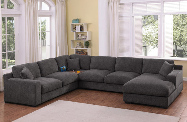 English Elm Chiara Chenille Corner Sectional with Chaise Cupholders Charging Ports for Living Room Gray B2749S00116