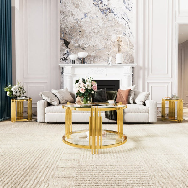 English Elm Modern Round Mirrored Glass End Table with Gold Metal Frame and Lower Display Shelf Transparent N735P380092K