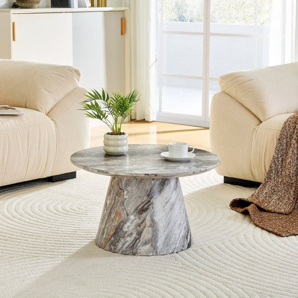 English Elm Grey Wood Grain Round Coffee Table Low Profile Mdf Living Room Accent Piece W2920P404129