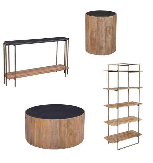 Basset Mirror Adrienne Cocktail Table - Modern Mango Wood With Scalloped Design & Sandblasted Black Marble Top Brown Wood 6004-120b-t