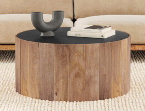 Basset Mirror Adrienne Cocktail Table - Modern Mango Wood With Scalloped Design & Sandblasted Black Marble Top Brown Wood 6004-120b-t