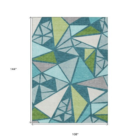 Homeroots 3' Stylish Geometric Artichoke Green And Aqua Washable Area Rug For Indoor And Outdoor Spaces 9' X 12' Polyester 600400