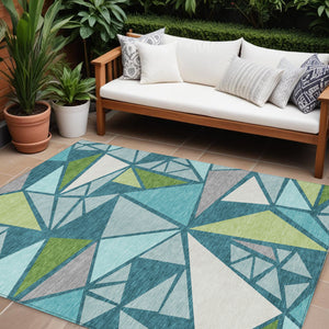 Homeroots 3' Stylish Geometric Artichoke Green And Aqua Washable Area Rug For Indoor And Outdoor Spaces 9' X 12' Polyester 600400