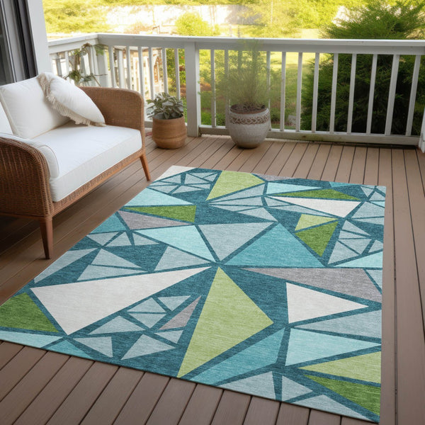 Homeroots 3' Stylish Geometric Artichoke Green And Aqua Washable Area Rug For Indoor And Outdoor Spaces 10' X 14' Polyester 600401