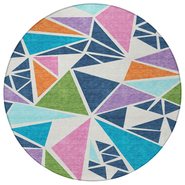 Homeroots 3' Stylish Geometric Artichoke Green And Aqua Washable Area Rug For Indoor And Outdoor Spaces 8' Round Polyester 600410