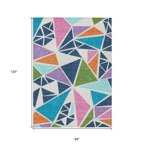 Homeroots 3' Stylish Geometric Artichoke Green And Aqua Washable Area Rug For Indoor And Outdoor Spaces 8' X 10' Polyester 600411