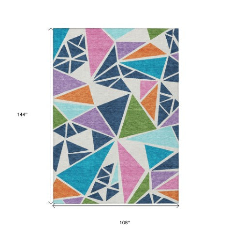 Homeroots 3' Stylish Geometric Artichoke Green And Aqua Washable Area Rug For Indoor And Outdoor Spaces 9' X 12' Polyester 600412