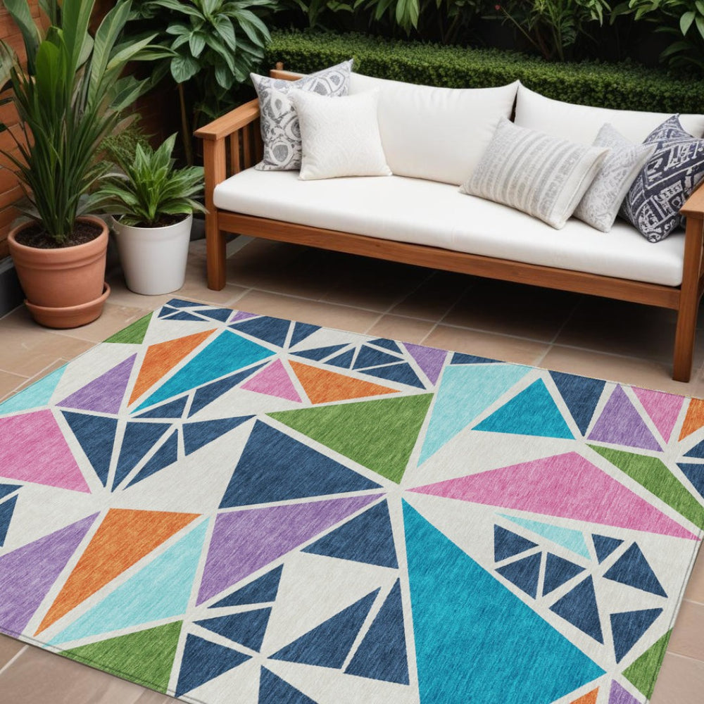 HomeRoots 9' X 12' Geometric Area Rug in Dark Blue, Green & Pink - Durable, Washable for Indoor/Outdoor Use! 600412