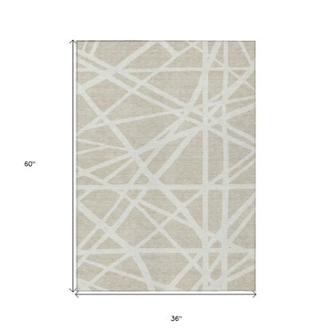 Homeroots 3' Stylish Beige And Ivory Geometric Washable Area Rug For Indoor And Outdoor Spaces - Durable Design 3' X 5' Polyester 600414