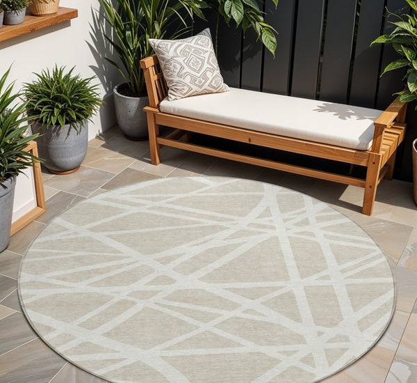 HomeRoots 5' Contemporary Beige and Ivory Geometric Area Rug - Durable, Washable for Indoor and Outdoor Spaces 8' Round 600416
