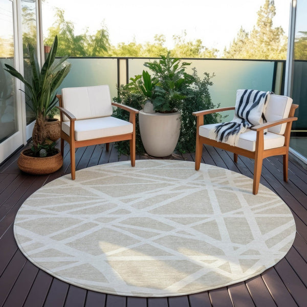 HomeRoots 5' Contemporary Beige and Ivory Geometric Area Rug - Durable, Washable for Indoor and Outdoor Spaces 8' Round 600416