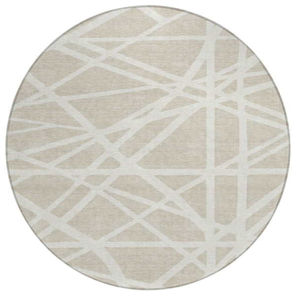 HomeRoots 5' Contemporary Beige and Ivory Geometric Area Rug - Durable, Washable for Indoor and Outdoor Spaces 8' Round 600416