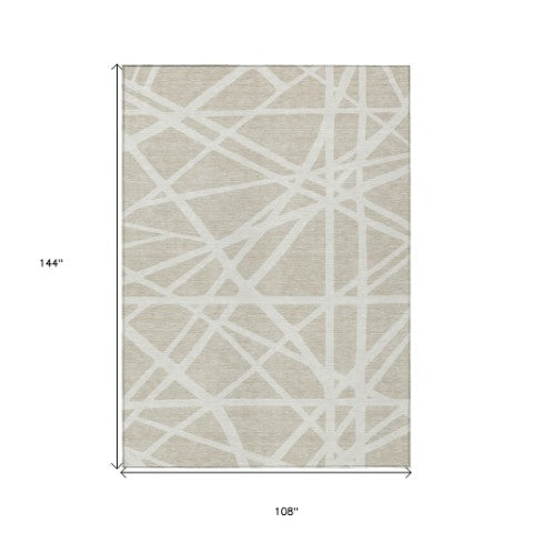 Homeroots 3' Stylish Beige And Ivory Geometric Washable Area Rug For Indoor And Outdoor Spaces - Durable Design 9' X 12' Polyester 600418