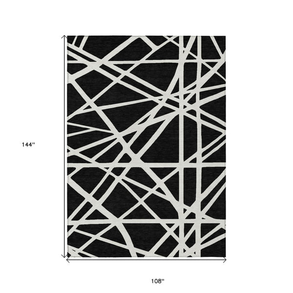 HomeRoots 9' X 12' Black and Ivory Geometric Rug - Stylish, Washable, Durable for Indoor & Outdoor Spaces 600424