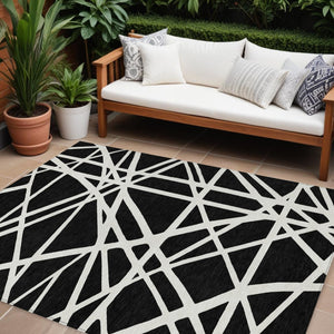 HomeRoots 9' X 12' Black and Ivory Geometric Rug - Stylish, Washable, Durable for Indoor & Outdoor Spaces 600424