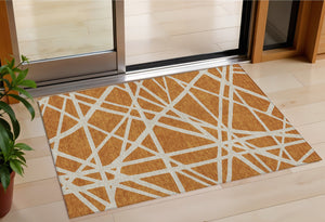 Homeroots 3' Stylish Beige And Ivory Geometric Washable Area Rug For Indoor And Outdoor Spaces - Durable Design 3' X 5' Polyester 600432
