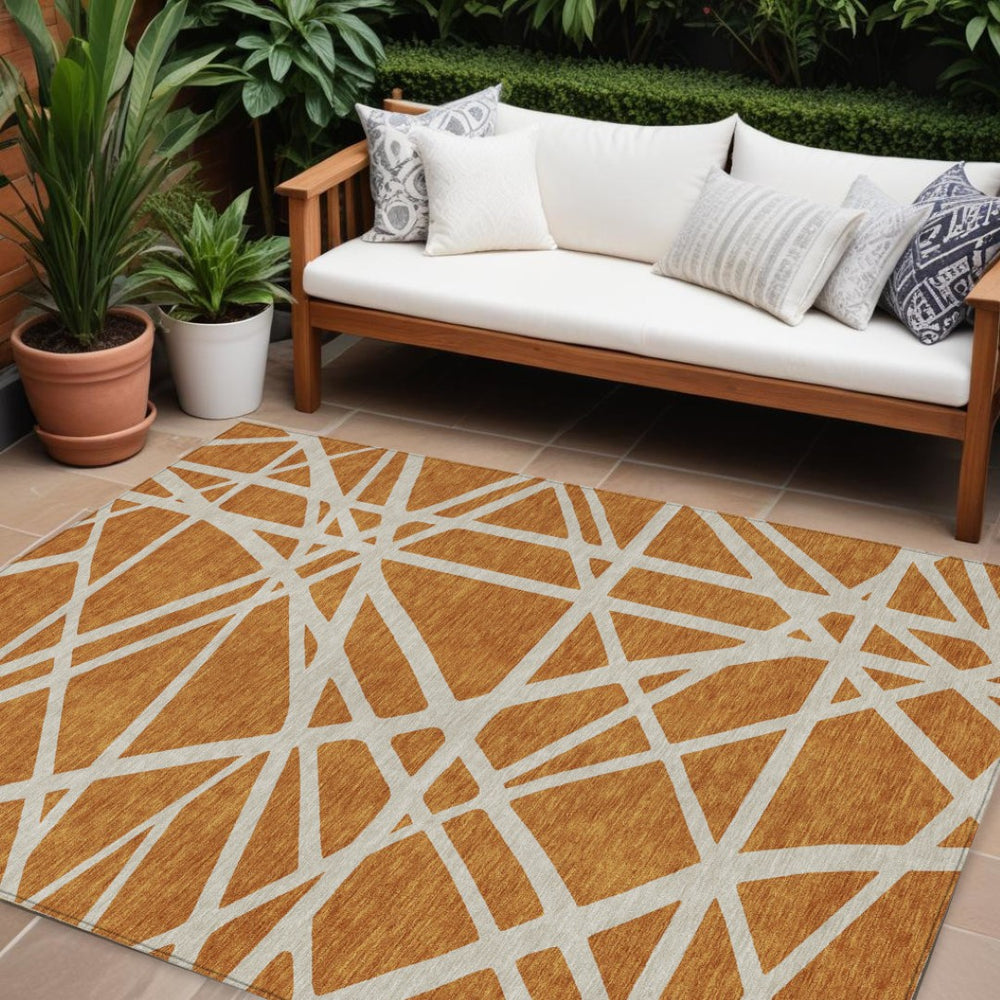 HomeRoots 9' X 12' Stylish Copper & Beige Geometric Indoor/Outdoor Area Rug - Washable, Durable & Versatile! 600436