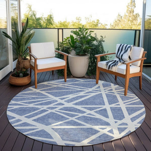 HomeRoots 5' Denim Blue and Ivory Geometric Indoor Outdoor Area Rug - Durable, Washable, Stylish Accent for Any Space 8' Round 600440