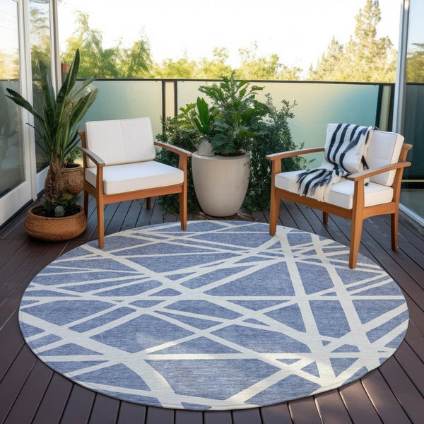 HomeRoots 5' Denim Blue and Ivory Geometric Indoor Outdoor Area Rug - Durable, Washable, Stylish Accent for Any Space 8' Round 600440