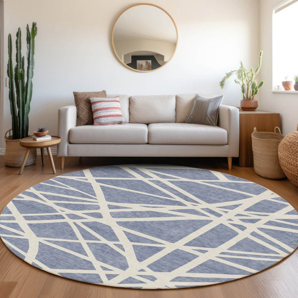 HomeRoots 5' Denim Blue and Ivory Geometric Indoor Outdoor Area Rug - Durable, Washable, Stylish Accent for Any Space 8' Round 600440