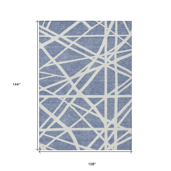 HomeRoots 9' Indoor Outdoor Denim Blue & Ivory Geometric Area Rug – Stain-Resistant, Washable, Durable Design 600442