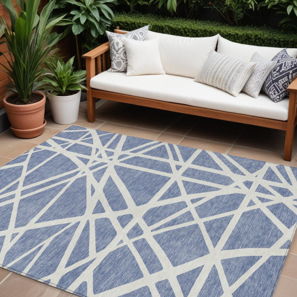 HomeRoots 9' Indoor Outdoor Denim Blue & Ivory Geometric Area Rug – Stain-Resistant, Washable, Durable Design 600442