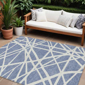 HomeRoots 9' Indoor Outdoor Denim Blue & Ivory Geometric Area Rug – Stain-Resistant, Washable, Durable Design 600442