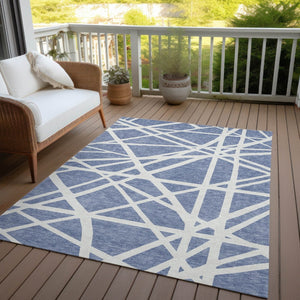 HomeRoots 9' Indoor Outdoor Denim Blue & Ivory Geometric Area Rug – Stain-Resistant, Washable, Durable Design 600442