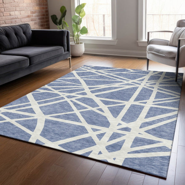 HomeRoots 9' Indoor Outdoor Denim Blue & Ivory Geometric Area Rug – Stain-Resistant, Washable, Durable Design 600442