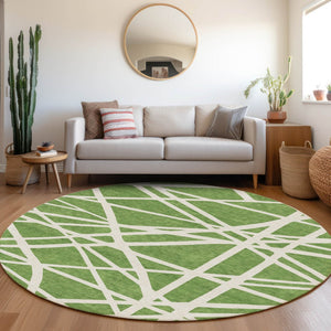HomeRoots 5' Geometric Green and Ivory Washable Area Rug for Indoor Outdoor Use, Stylish and Durable Design 8' Round 600446