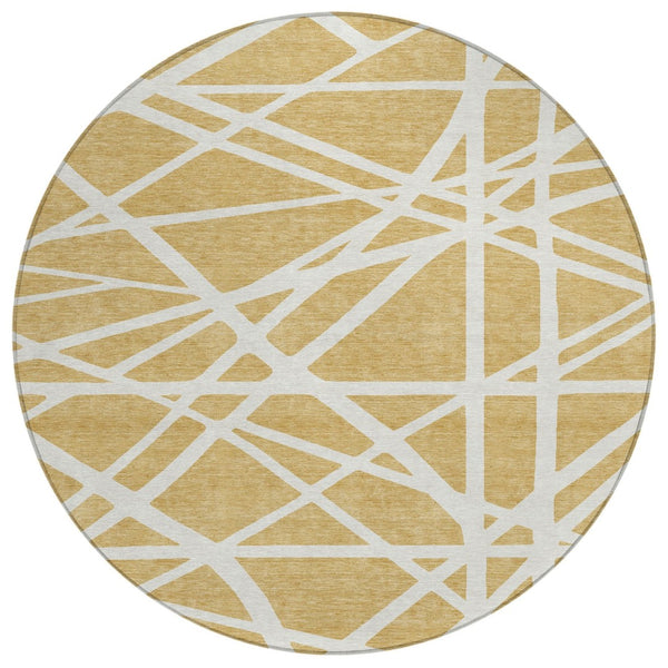 HomeRoots 5' Gold and Ivory Geometric Area Rug – Stylish, Washable, Durable for Indoor or Outdoor Spaces 8' Round 600452