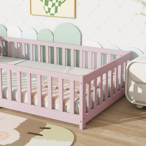 English Elm Twin Solid Rubberwood Floor Bed with Full Perimeter Safety Rails for Toddler Rooms Pink W504P296798
