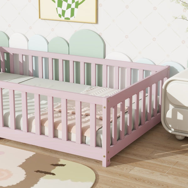 English Elm Twin Solid Rubberwood Floor Bed with Full Perimeter Safety Rails for Toddler Rooms Pink W504P296798