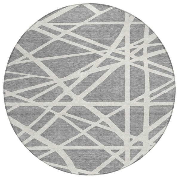 HomeRoots 5' Stylish Gray and Ivory Geometric Washable Area Rug for Indoor and Outdoor Spaces, Easy Care 8' Round 600458