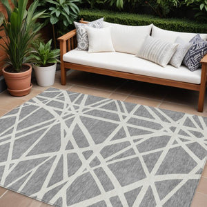 HomeRoots 5' Stylish Gray and Ivory Geometric Washable Area Rug for Indoor and Outdoor Spaces, Easy Care 10' X 14' 600461