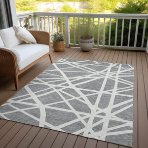 HomeRoots 5' Stylish Gray and Ivory Geometric Washable Area Rug for Indoor and Outdoor Spaces, Easy Care 10' X 14' 600461