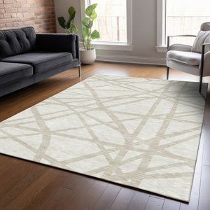 Homeroots 3' Stylish Beige And Ivory Geometric Washable Area Rug For Indoor And Outdoor Spaces - Durable Design 8' X 10' Polyester 600465
