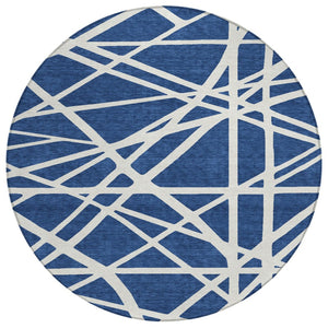 HomeRoots 5' Navy Blue and Ivory Geometric Area Rug - Stylish, Washable Rug for Indoor and Outdoor Spaces 8' Round 600476
