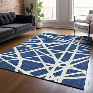 HomeRoots 5' Navy Blue and Ivory Geometric Area Rug - Stylish, Washable Rug for Indoor and Outdoor Spaces 10' X 14' 600479