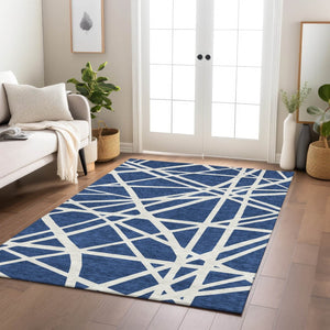 HomeRoots 5' Navy Blue and Ivory Geometric Area Rug - Stylish, Washable Rug for Indoor and Outdoor Spaces 10' X 14' 600479
