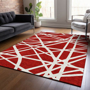 HomeRoots 5' Bold Red and Ivory Geometric Area Rug - Stylish, Washable, Durable for Indoor and Outdoor Use 5' X 8' 600487
