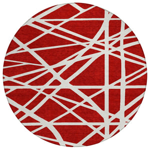 HomeRoots 5' Bold Red and Ivory Geometric Area Rug - Stylish, Washable, Durable for Indoor and Outdoor Use 8' Round 600488
