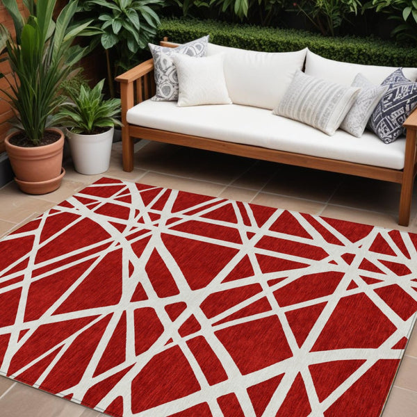 HomeRoots 5' Bold Red and Ivory Geometric Area Rug - Stylish, Washable, Durable for Indoor and Outdoor Use 8' X 10' 600489