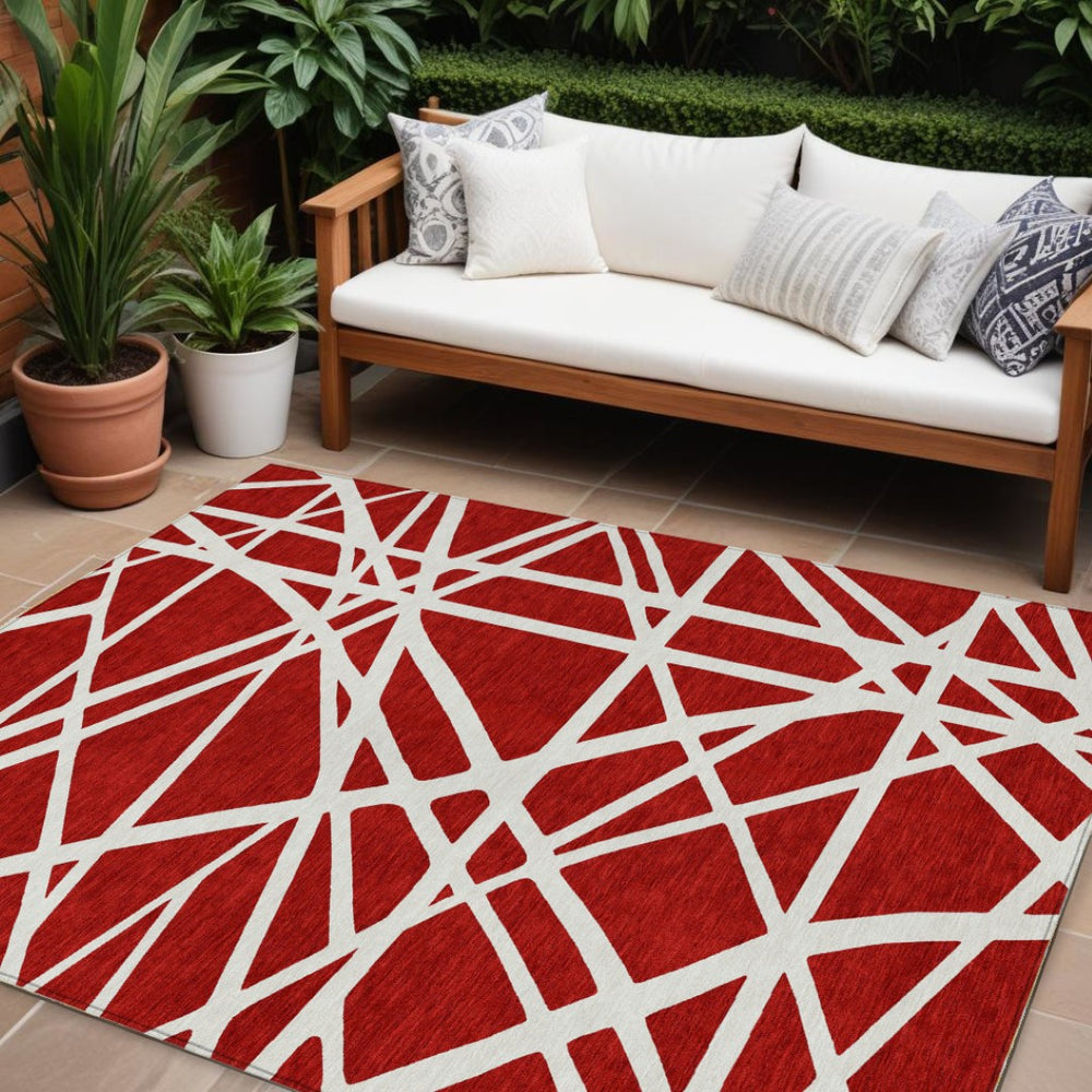 HomeRoots 9' X 12' Red and Ivory Geometric Washable Area Rug - Stylish, Durable & Versatile for Indoor/Outdoor Use 600490